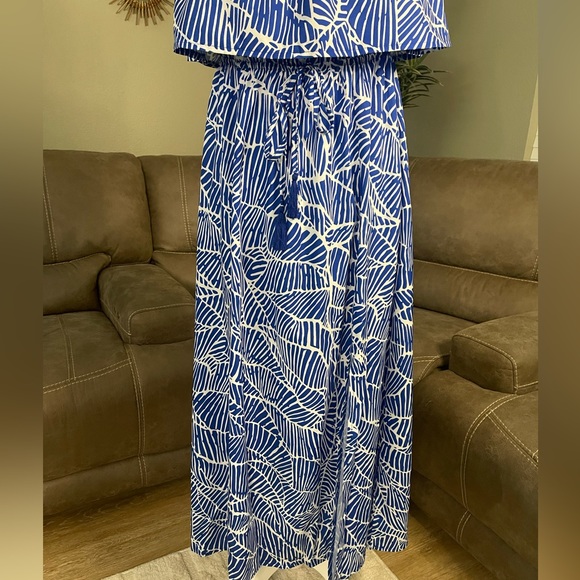 NEW Blue & White Print Strapless Flowy Maxi Dress Sz L Large - Picture 6 of 11